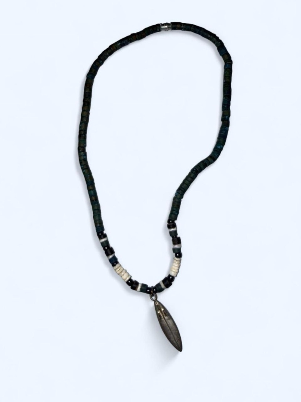 Dark Green and Black Beaded Necklace with Silver Leaf Pendant